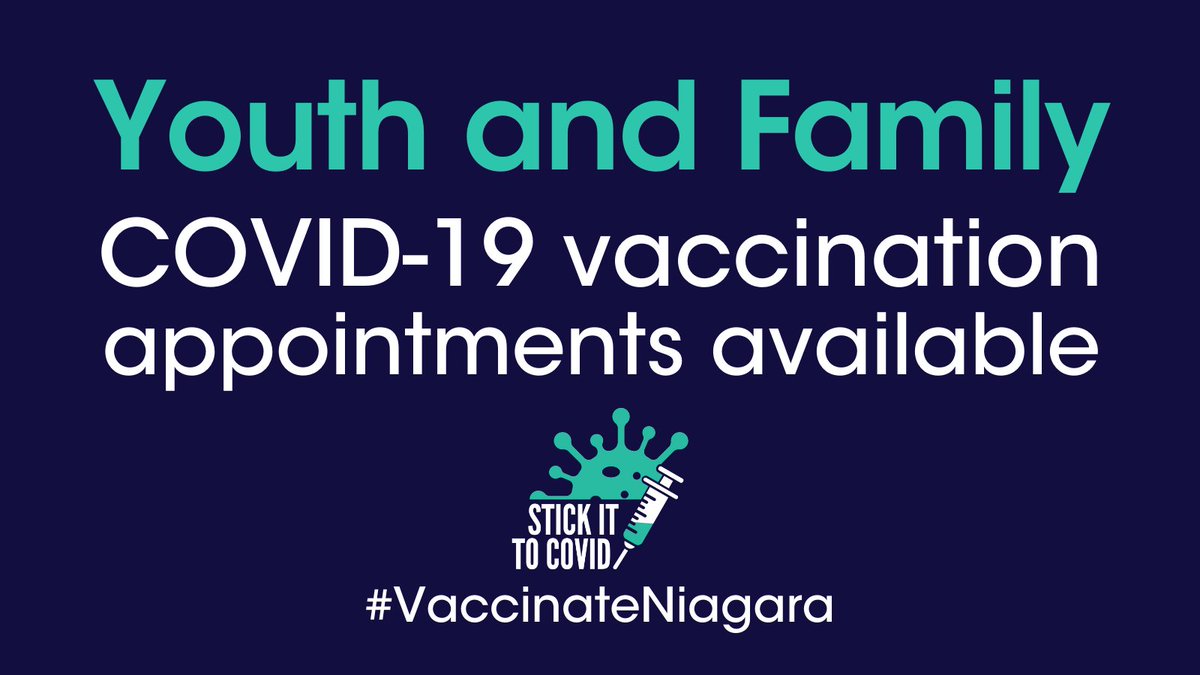 Hey #Niagara, we'll be running vaccination clinics tailored for youth and their families beginning June 14. The clinics are available now for booking at Ontario.ca/BookVaccine for those age 12-17 and their families. Learn more: niagararegion.ca/news/article.a…

#VaccinateNiagara ✌️