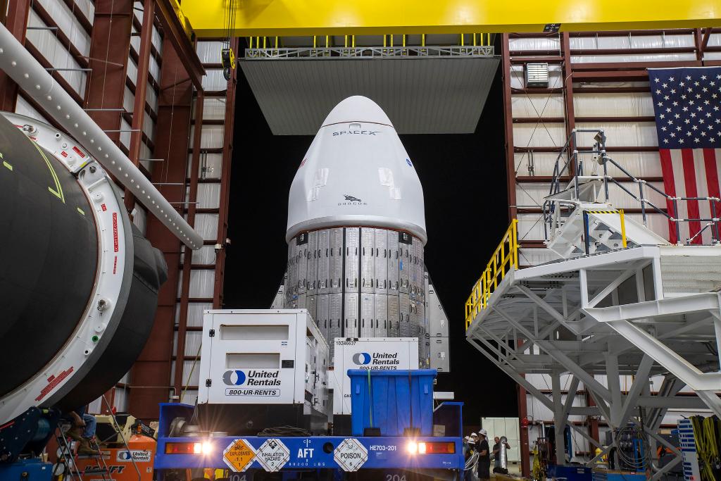 SpaceX Cargo Dragon upright inside facility