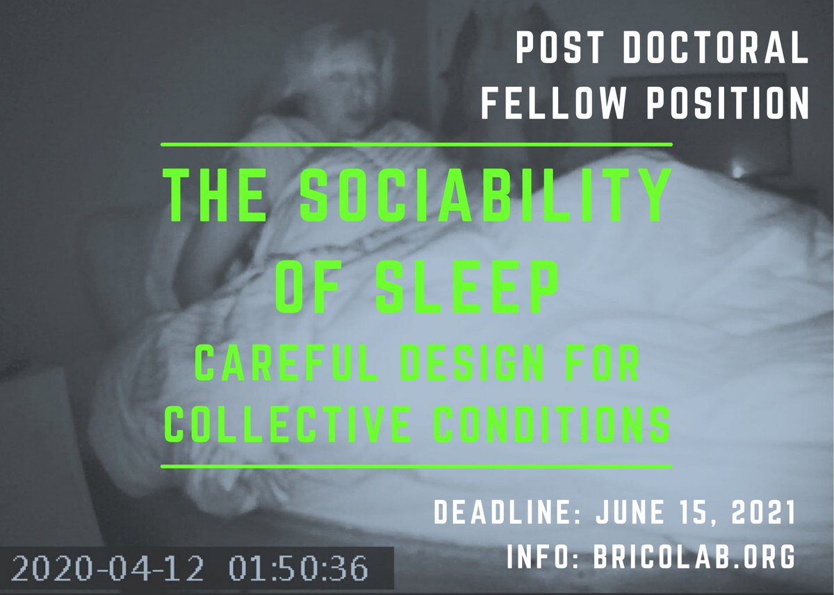 Hiring a postdoc for a new research-creation project on SLEEP. Film &amp; media scholars meet scientists, artists, critical makers, accessibility designers &amp; more. Position open to researchers from many backgrounds. Deadline June 15. Please share widely &gt;&gt;&gt; bricolab.org/2021/05/25/sle…