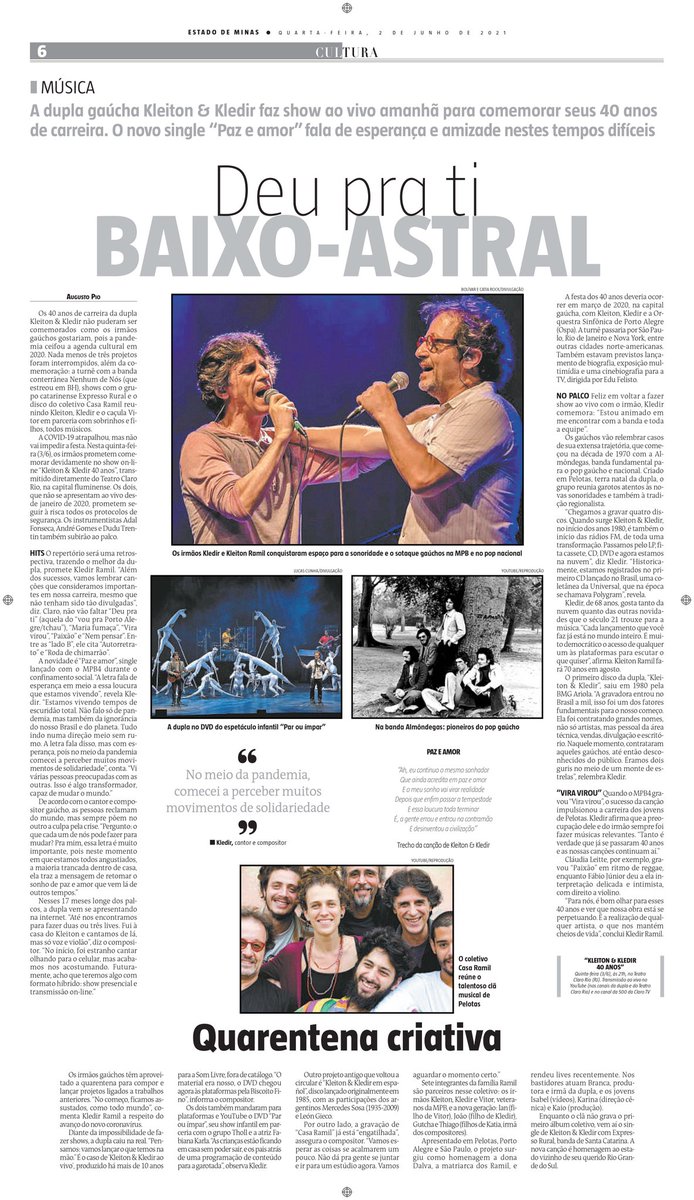 Olha a matéria bacana que saiu na edição do jornal <a href="/em_com/">Estado de Minas</a> de hoje! Nós falamos sobre a pandemia, sobre o single que lançamos e, claro, do nosso show de amanhã. Obrigado Augusto Pio e toda equipe jornalística. Estamos muito animados e hoje é dia de ensaio geral por aqui! 🎵🎻🎶