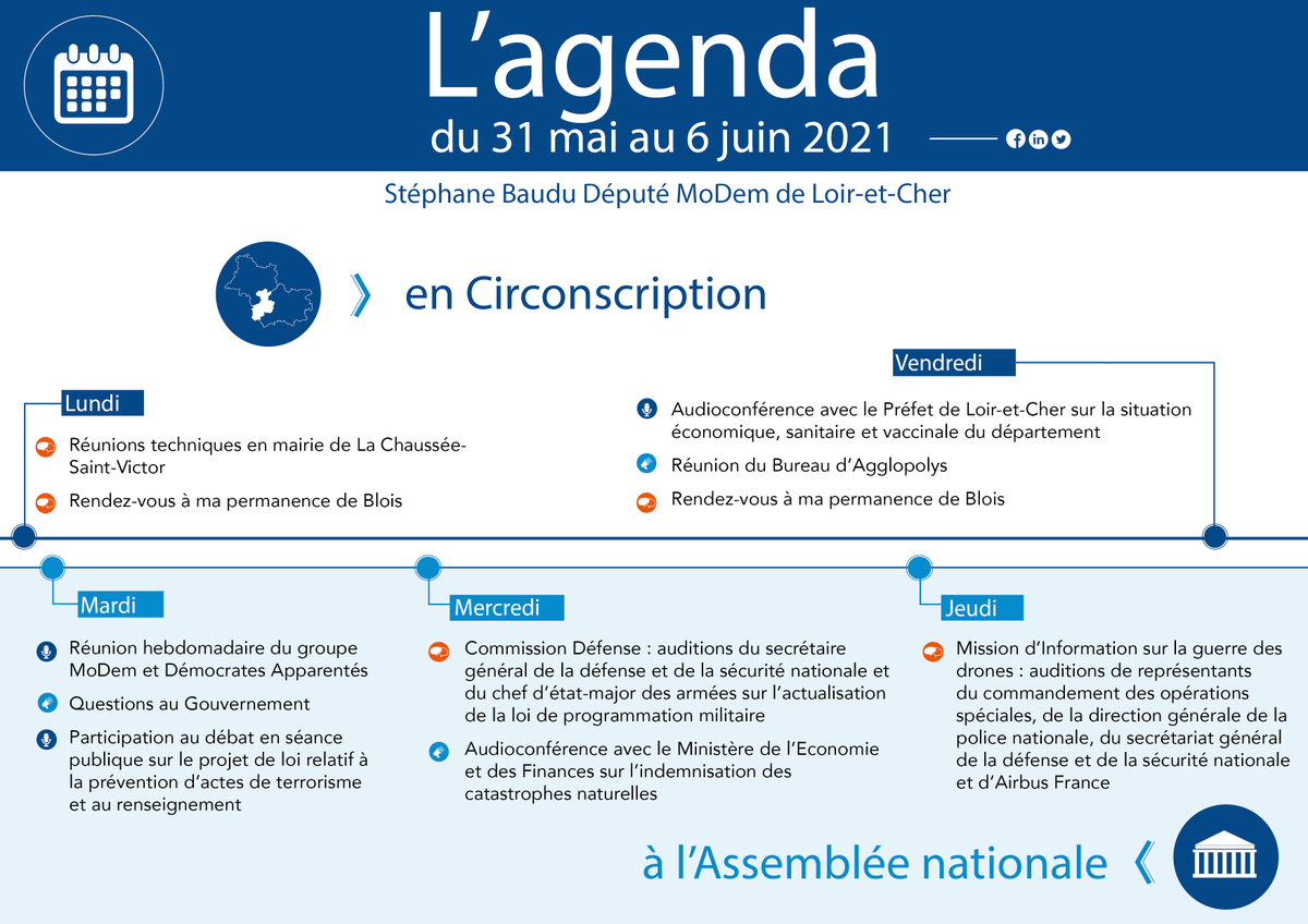 📌🗓️Retrouvez dans mon agenda ci-dessous 👇l'ensemble de mes activités de cette semaine.
#Circo4101 #LoiretCher <a href="/AssembleeNat/">Assemblée nationale</a> <a href="/DeputesDem/">Les Démocrates</a>