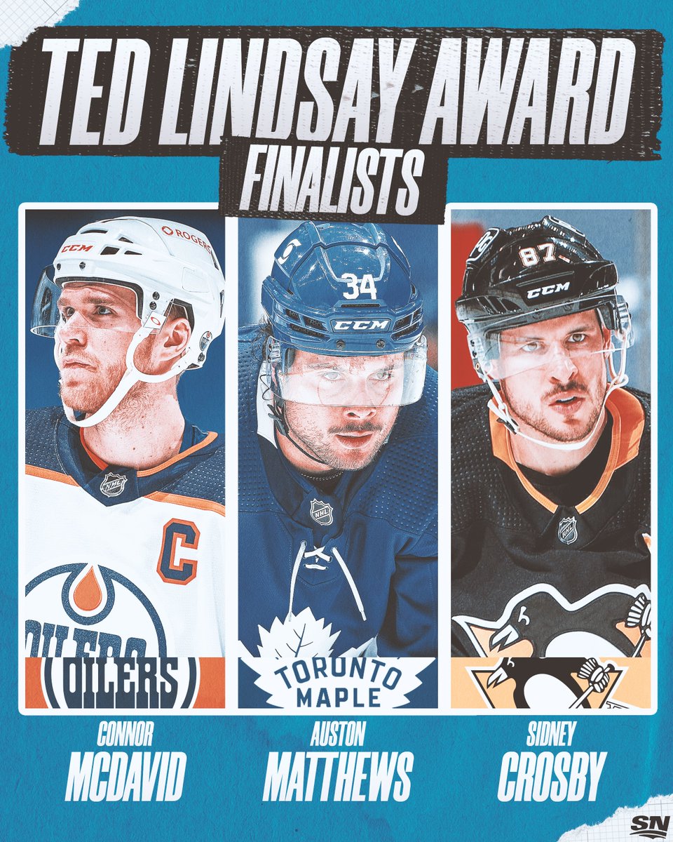 Sportsnet's tweet photo. Connor McDavid, Auston Matthews and Sidney Crosby have been named finalists for the Ted Lindsay Award. 🏆

Who do you think should win? https://t.co/WMtju75qAj