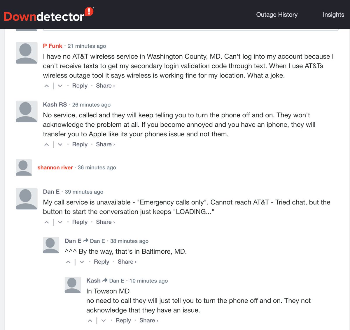 BexUniverse's tweet photo. @Sarahbeth_R @brookiebabei @ATT People are reporting it all over DownDetector too and they're still trying to pretend there isn't any kind of service outage. https://t.co/VCs4u2T2BD