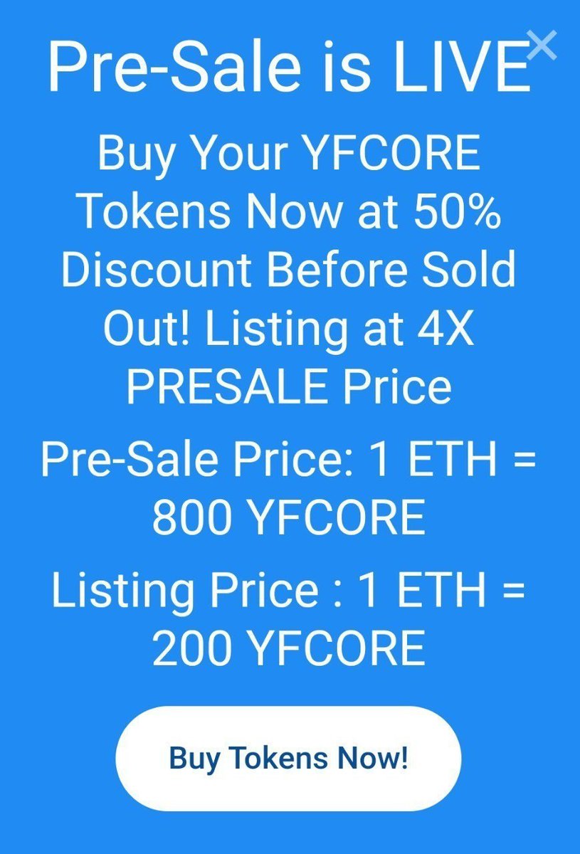 💰YEARN FINANCE CORE PRESALE is LIVE!

📈📈X100 Target

☑How to Buy?
1⃣Visit Website YFCORE.LIVE
2⃣Click "Buy Tokens Now"
3⃣Send any amount of ETH from 0.1 eth -- 20 eth &amp; Tokens Received Immidietly

#BTC #eth  #altcoin #USDT

@cctip_com draw 750 USDG 300 #100xCoin