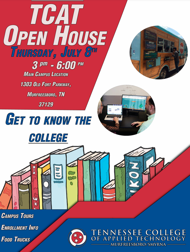 shscounselors88's tweet photo. @tcatmboro is hosting an open house on Thursday, July 8th from 3-6 pm. This is a great opportunity if you are interested in attending TCAT Murfreesboro. @SmyrnaBulldog https://t.co/xspi9EokHN