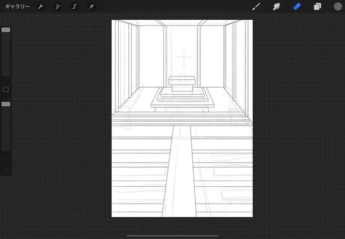 何となく描き始めたけど、直線の多い絵はやめとこうかなと思い直した。なんか血の通った絵にならなそう……。 