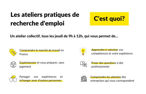 Connaissez-vous... les ateliers pratiques de recherche d'#emploi YOON ? 

Des ateliers pour optimiser sa recherche d'emploi (#Stratégie et organisation, outils, simulation #entretiens, communication pro et #numérique)...

Et ainsi faciliter son #insertion #professionnelle !
