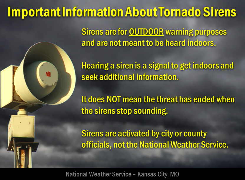 Image of an outdoor warning siren with fun facts about them. Sirens are for those outside, they are not meant for those inside. Sirens stopping does not mean the hazards has ended. Sirens are activated by local officials, not the NWS.