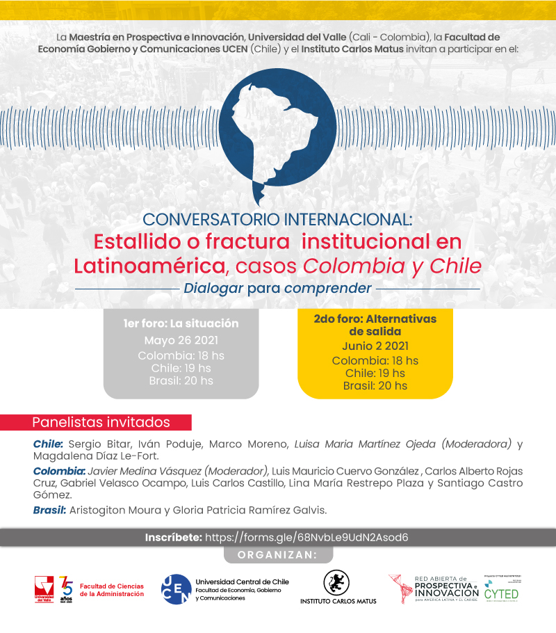 luisama2011's tweet photo. Hoy!!! 2° foro del Conversatorio Internacional: ¿Estallido o Fractura institucional en Chile? Casos Colombia/Chile. No te quedes por fuera e inscríbete en un solo paso ingresando a https://t.co/d0mfGlo0jk https://t.co/iAQBTywmmh