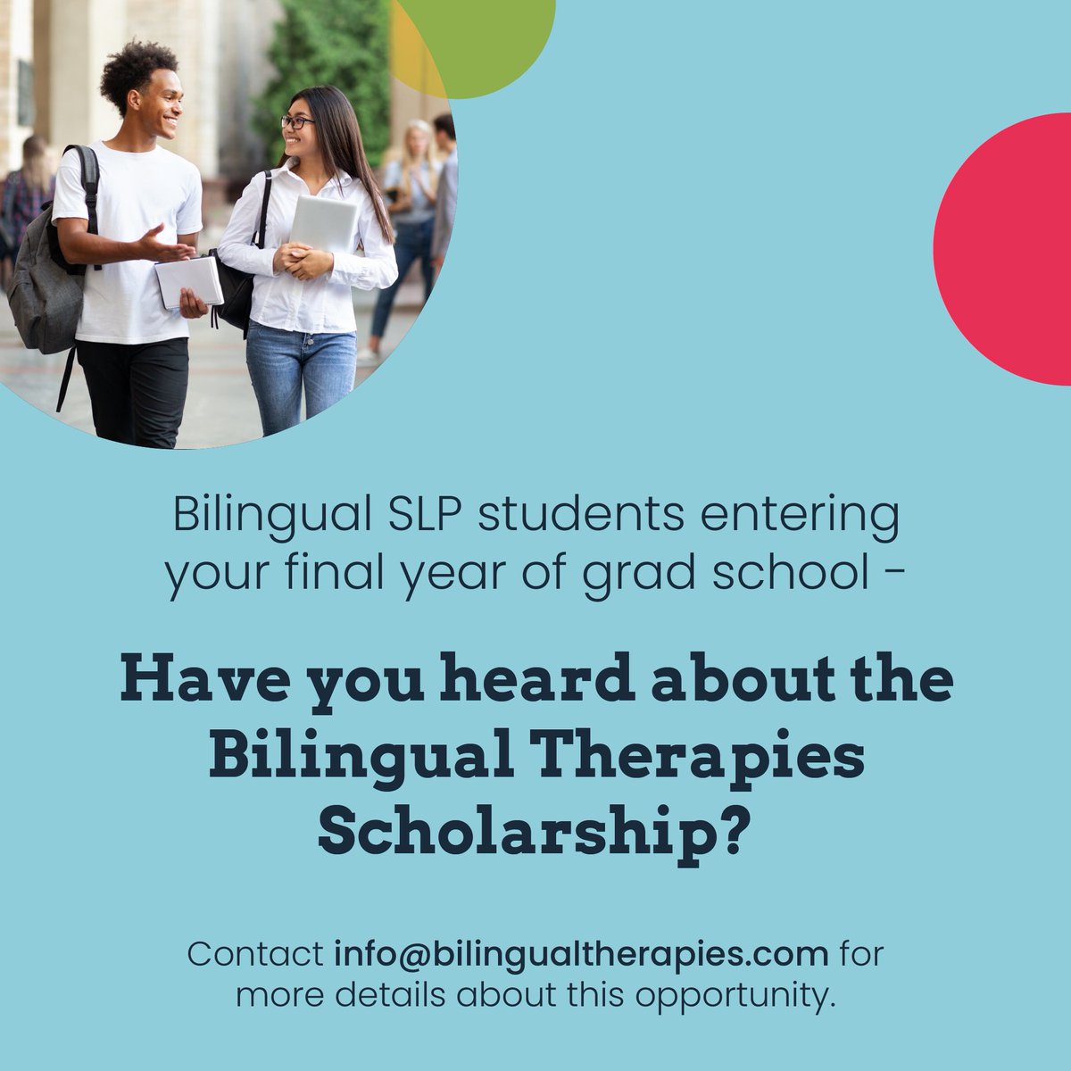 BilingualThera's tweet photo. We invest in the future of SLPs by offering student scholarships to those who are entering their final year in a relevant program. Visit the link below to learn more about our scholarship program.
https://t.co/ojrCmyggyM
.
#bilingualtherapies #scholarship #slps #slpstudents https://t.co/zUf3FQ3VxK