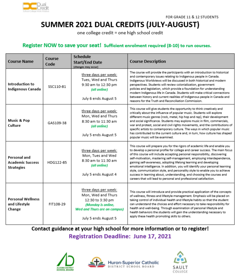 Dual credit opportunity this summer for grade 11 and 12 Ss - Message Mrs. McLeod or Mr. Martella to register