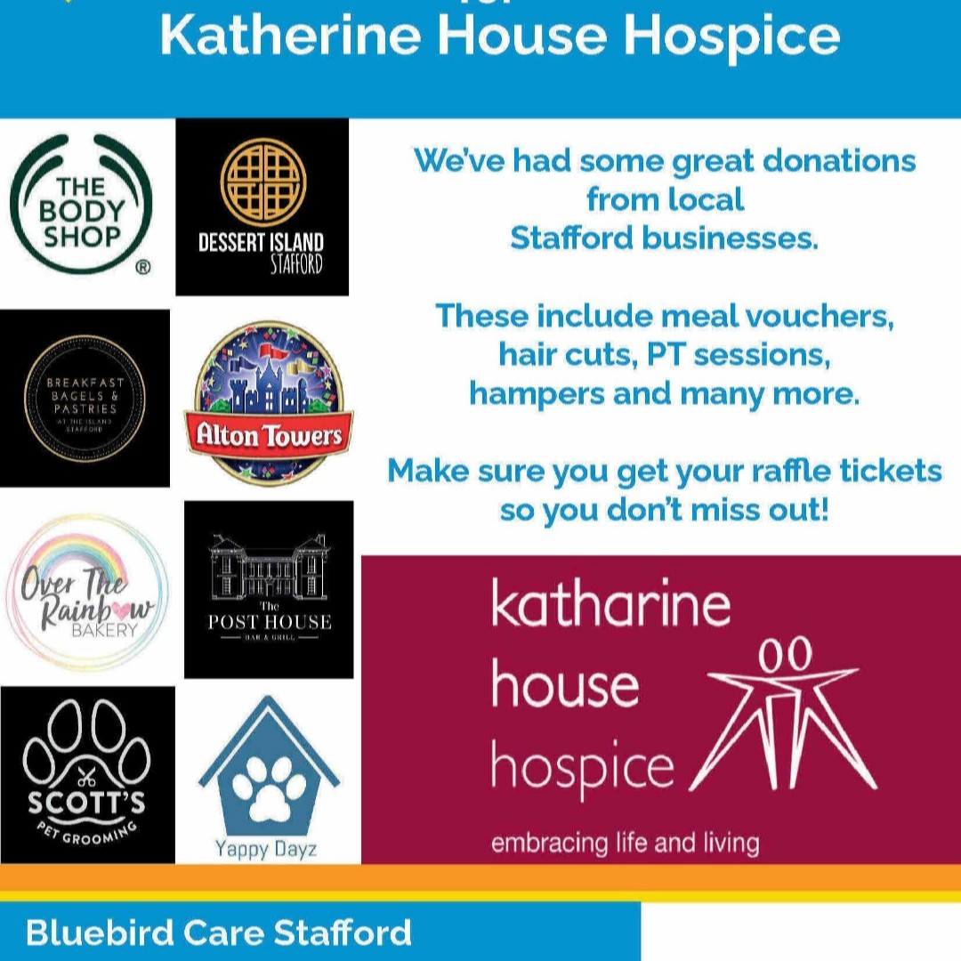 Join #BluebirdCare #Stafford to help raise funds for Katharine House Hospice.

For a chance to win one of these amazing prizes simply purchase a raffle ticket by contacting us on 01785 337711. 

For a full list of prizes please click the link below: ow.ly/sSYV50F1eAd