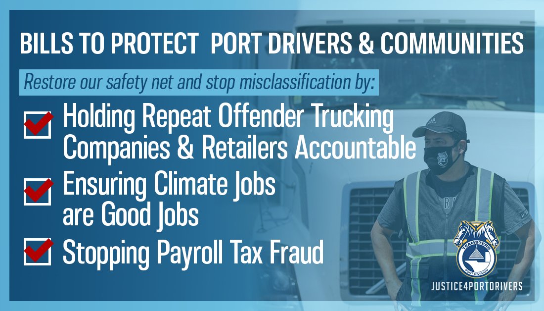 CA bills #SB338 #AB794 #SB700 work to protect CA’s essential port truck drivers & increase accountability for trucking companies who misclassify drivers. We stand w @SenMariaEDurazo @SenGonzalez33 & @AsmCarrillo in calling for these bills to be passed ASAP! #ProtectPortDrivers