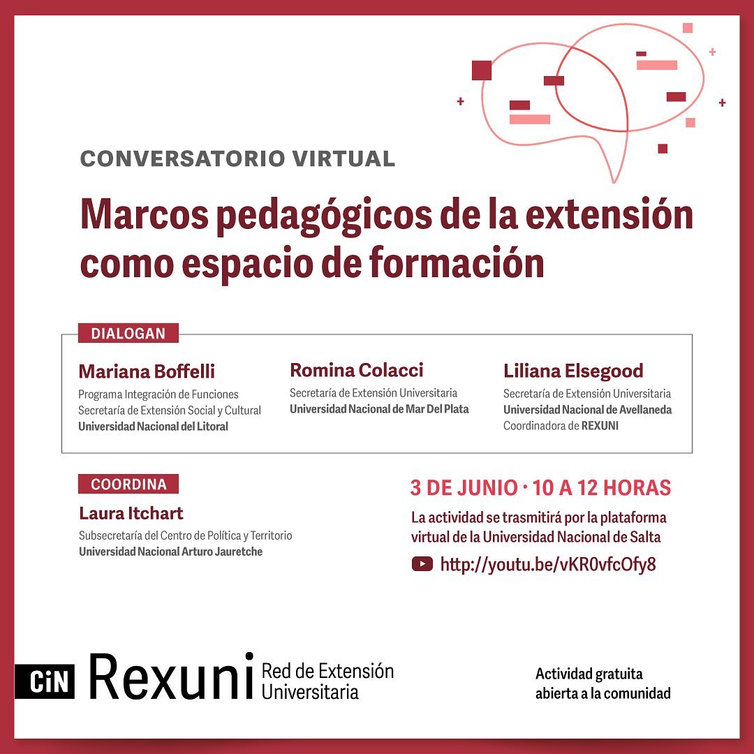 InformaticaUNLP's tweet photo. Invitación a participar del conversatorio "Marcos pedagógicos de la extensión como espacio de formación" organizado por Rexuni
#informáticaunlp #extensionunlp https://t.co/UwiXe8Qk7C