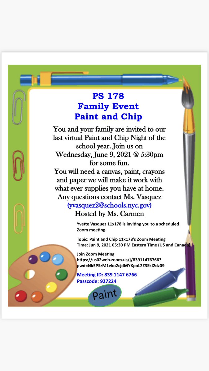 PS178multimedia's tweet photo. Please join us for the final #paintandchip night of this school year! @District11BX @cristinevaughan @DOEChancellor @PrincipalEllman #multimediaarts https://t.co/c8EYEuuVgE