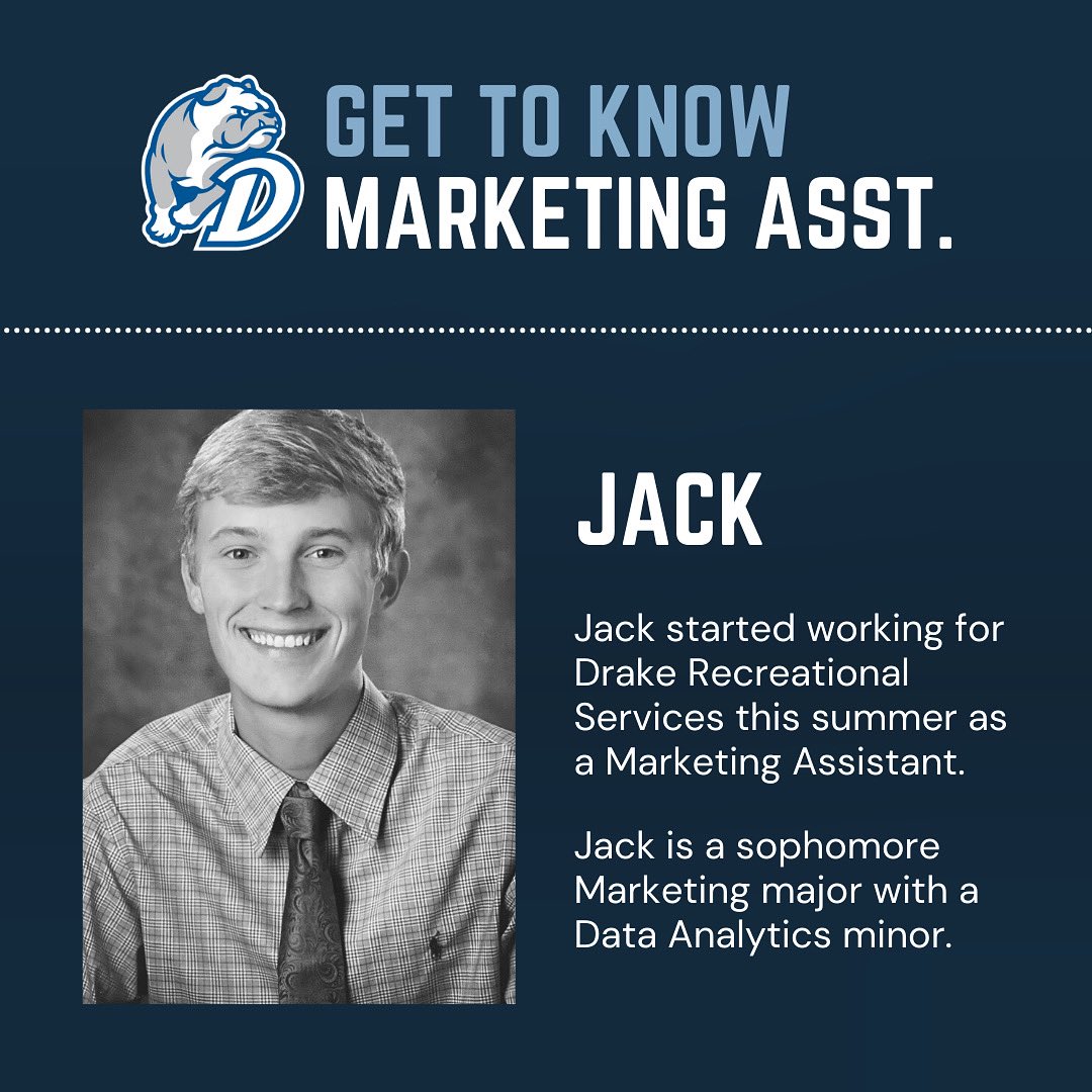 DrakeRec's tweet photo. Jack is a sophomore Marketing major with a Data Analytics minor from Marshalltown, IA. He is heavily involved with Drake Tennis Club as well as various intramurals here on campus. Jack is looking forward to his time with Drake Rec services ๐๐ถ #draketogether https://t.co/EKiiNPMCUW