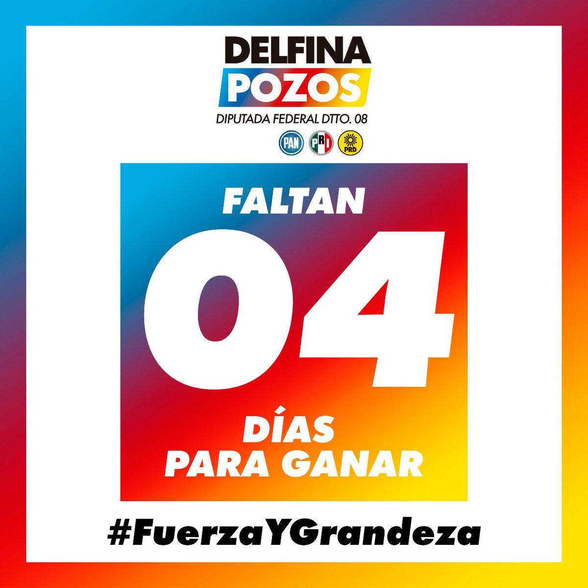A partir de hoy, solo restan 4 días para las votaciones. Esta es la última vez que llevamos la cuenta de los días, pues llegamos al fin de campaña. Así que después de haber recorrido todo el Distrito 08, es momento de elegir la #FuerzaYGrandeza, a través del PAN🔵, PRI🔴 y PRD🟡.