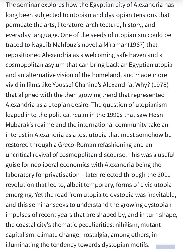 Amro Ali (@_amroali) on Twitter photo I’m giving this public zoom talk for @transregionalis on Wed 9 June, 5pm (Berlin time) titled “Reading Dystopian Impulses in Contemporary Alexandria.” Please register via eume@trafo-berlin.de
Fb event: fb.me/e/3SLM07Wds
Web: eume-berlin.de/veranstaltunge…
Hope to see you there :) I’m giving this public zoom talk for @transregionalis on Wed 9 June, 5pm (Berlin time) titled “Reading Dystopian Impulses in Contemporary Alexandria.” Please register via eume@trafo-berlin.de
Fb event: fb.me/e/3SLM07Wds
Web: eume-berlin.de/veranstaltunge…
Hope to see you there :)