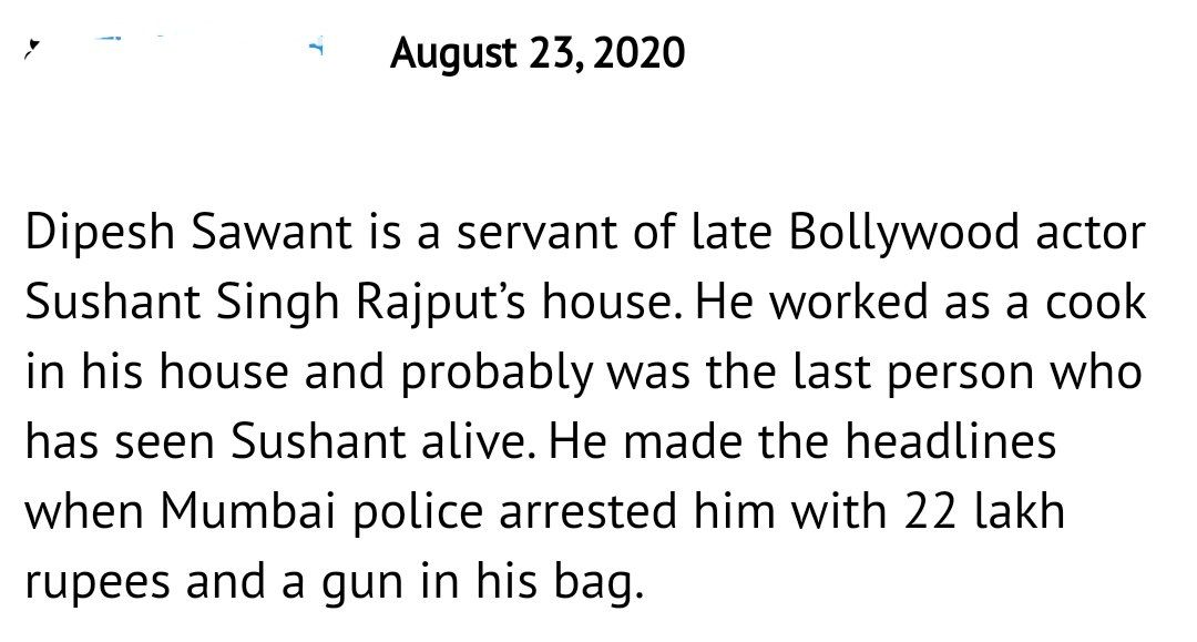 ssrstan4ever's tweet image. MuPo Arrested SSR's cook Dipesh Sawant with 22 lac rupees &amp;amp; gun in his bag on Aug 23. Who gave him so much money? Why gun was found in his bag? @CBIHeadquarters @copsview @DoPTGoI @HMOIndia @PMOIndia @Dev_Fadnavis @arjunrammeghwal 

Wake Up CBI InSSRCase