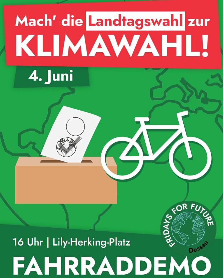 Am 06.06 wird in LSA der Landtag gewählt, deshalb veranstalten wir eine #Fahrraddemo um für das Thema Klimaschutz zu mobilisieren.  Jede Partei kann #Klimaschutz betreiben, sie muss es nur wollen!
#lsa2021