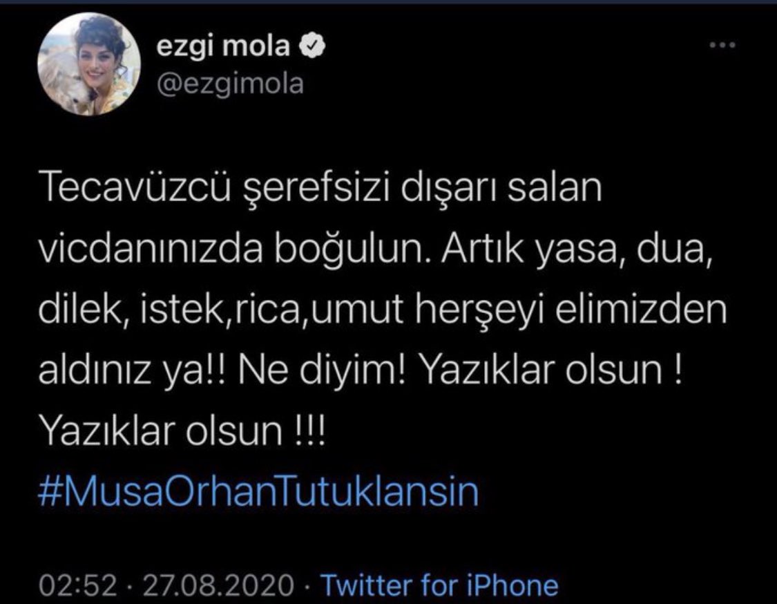 Tecavüzü aklayamazsınız, saklayamazsınız.  Adaletsizliğe sessiz kalmayan herkese soruşturma  açamazsınız.  
Tecavüzülerin karşısında olan milyonlarca insanı ise asla susturamayacaksınız.  Sevgili Ezgi, sonuna kadar senin yanındayım.  #EzgiMola #YalnızDeğilsinEzgiMola