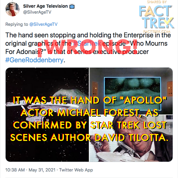 FactTreks's tweet photo. Since @SilverAgeTV blocked us merely for pointing out they were incorrect about #Roddenberry's hand being used for Apollo's, we're gonna show you what they said and BZZZZZT! their arses. Everyone makes mistakes. Just hu-man up and own them. We do (see #FactTrekCorrection). https://t.co/P1IZGpg72v