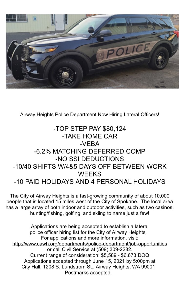 Airway Heights Police Department on Twitter "We are accepting applications for Lateral Police