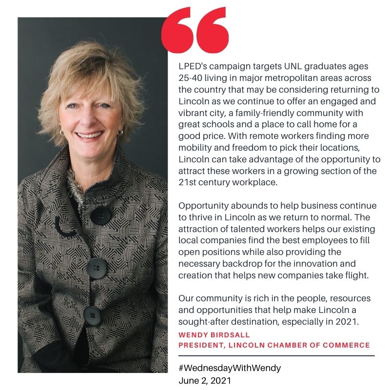 LincolnChamber's tweet photo. In partnership with @NebraskaAlumni, @SelectLincoln is reaching out to those that have left Lincoln, in the hopes of recruiting them back to Lincoln to work, live and play in the city they once called home. #WednesdayWithWendy #WeChooseLincoln #PlaceToBeLNK https://t.co/JsEbQsBZx7