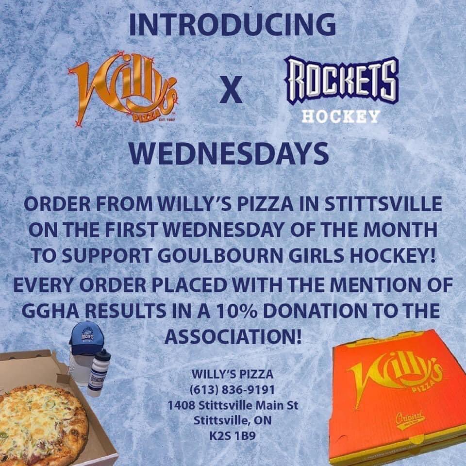 Hey <a href="/StittsCentral/">Stittsville Central</a> <a href="/glengower/">Glen Gower</a> it’s the First Wednesday of the month and that means #Pizza. When you purchase from Willy’s they donate to Goulbourn Girls Hockey. Don’t forget to mention @GGHARockets when you order. #GoRockets