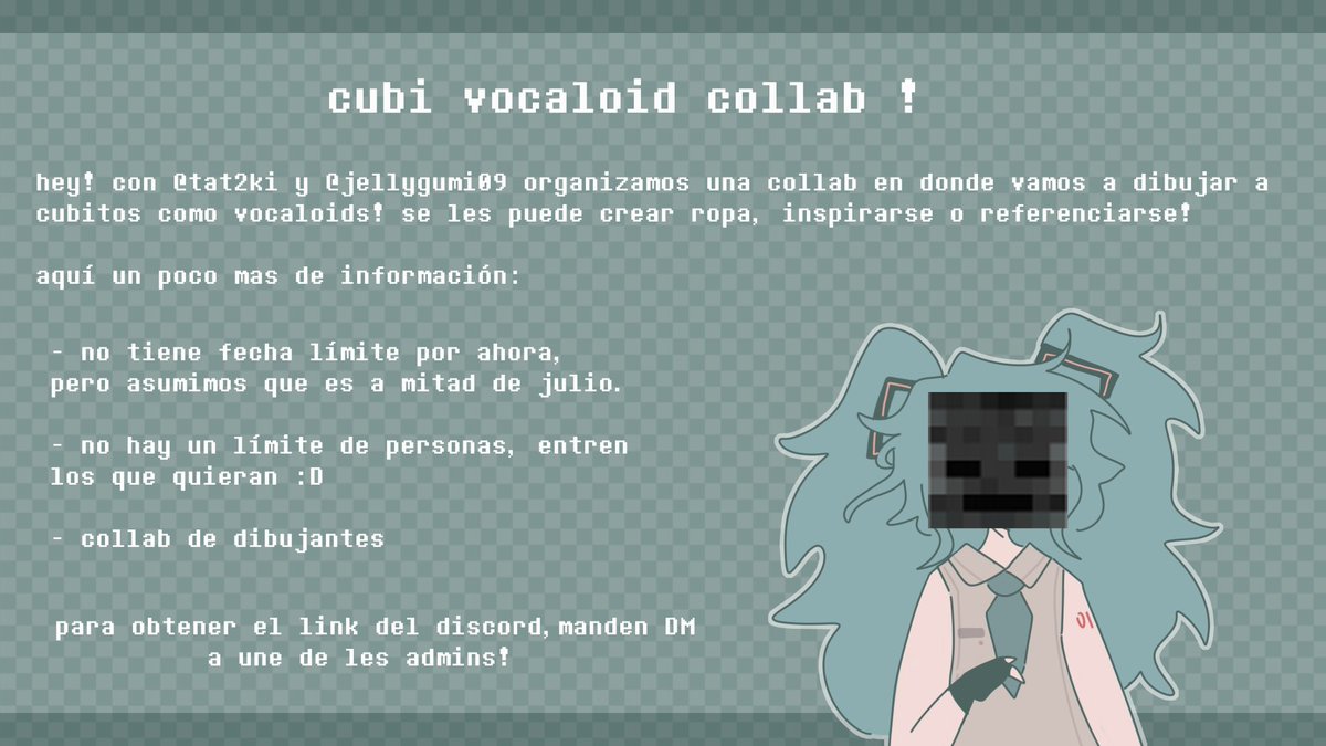 siimplyhyun's tweet photo. buenas! con @.Tat2ki  y @.JellyGumi09 organizamos esta collab de chill para dibujar a cubos vocaloid! la info está en la foto, para el link del discord manden dm a une de les admins

#cubicollab @CubiCollabs https://t.co/Klf04q7s4H