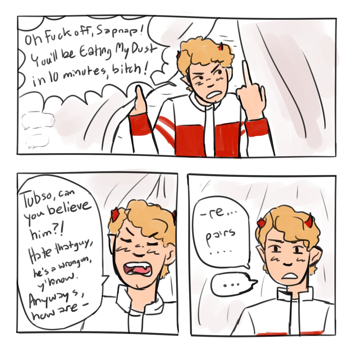 rushed this but here's a comic from an au i've had for a while. cool futuristic au where the dsmp's just about (illegal) street racing (1/3)
{ #tommyinnitfanart , #tubbofanart , #ranboofanart } 