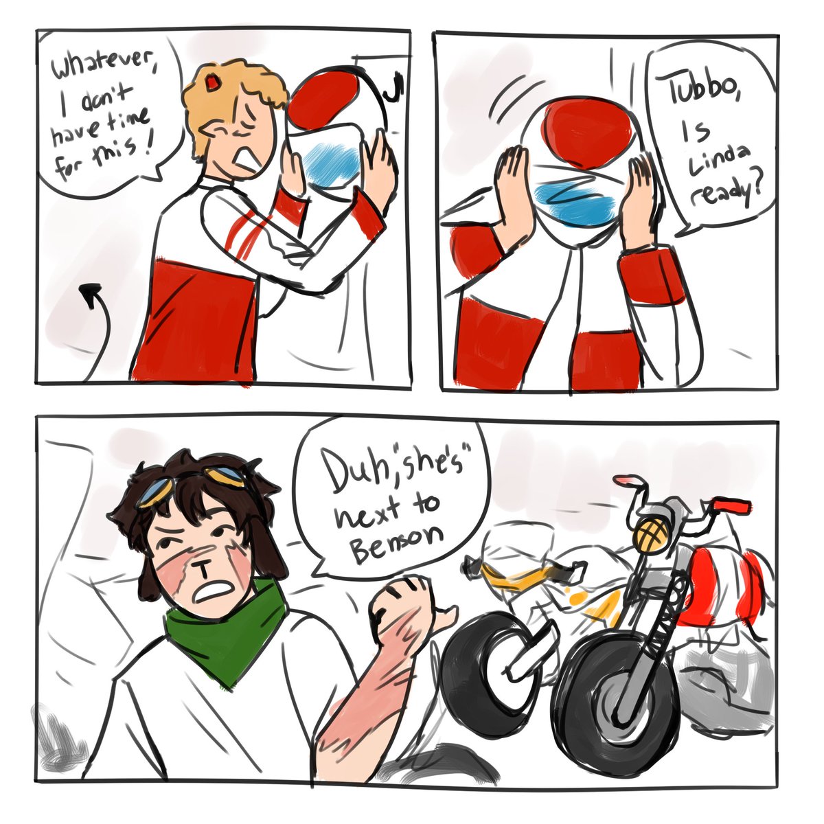 rushed this but here's a comic from an au i've had for a while. cool futuristic au where the dsmp's just about (illegal) street racing (2/3)
{ #tommyinnitfanart , #tubbofanart , #ranboofanart } 