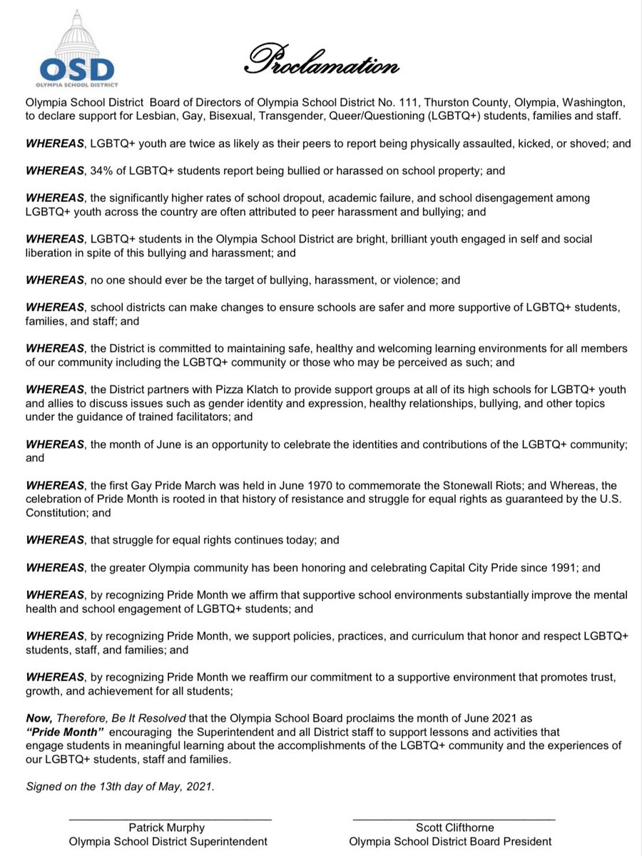 ScottClifthorne's tweet photo. Happy Pride! The #OlyWA School Board recently passed a proclamation in recognition of the LGBTQ+ community’s accomplishments, and the experiences of our LGBTQ+ @OlympiaSchools  students, staff, and families. 

Love &amp; solidarity, #OSDfriends! 🏳️‍🌈🏳️‍⚧️ https://t.co/K8hQP4PgJk