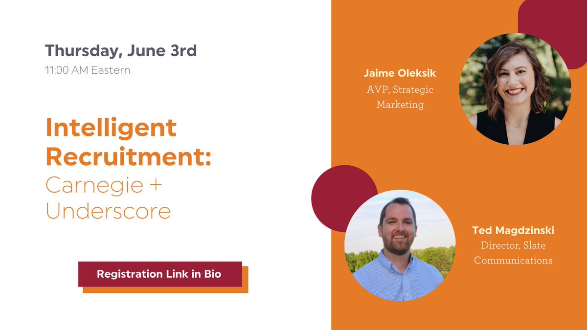 Carnegie + Underscore's new joint forces provide marketing &amp; enrollment strategies and Slate expertise wrapped into one. Take advantage of this chance to join Jaime Oleksik and Ted Magdzinski as they showcase opportunities for current &amp; future partners. bit.ly/U_Intelligent-…