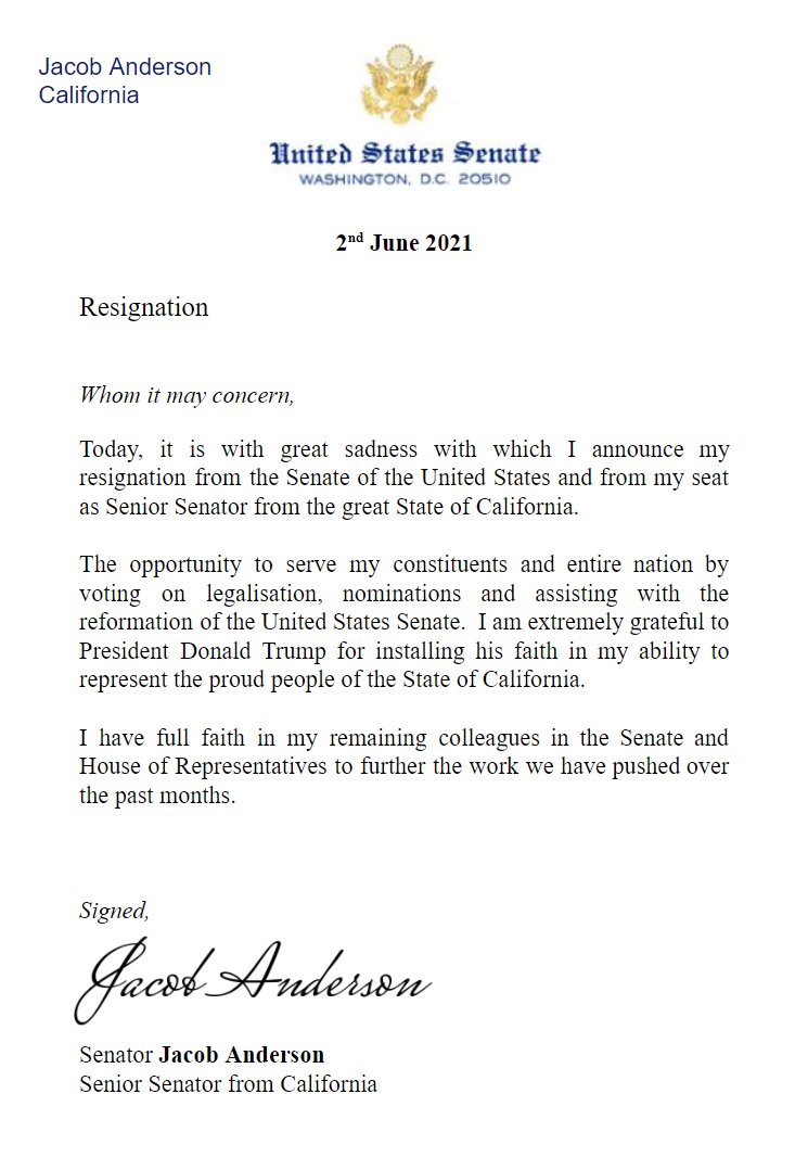 Find attached my resignation from the United States Senate.