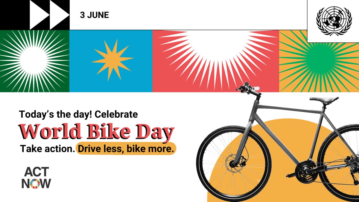 UN's tweet photo. 🚴‍♀️🚴‍♂️ Thursday is #WorldBicycleDay! 

Learn more about the benefits of bikes, which are used around the world as simple, affordable &amp; efficient modes of sustainable transport. https://t.co/4QSs2moNuR #ClimateAction https://t.co/thGn6tAlpO