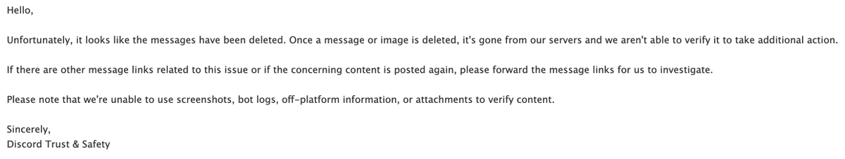 Update: it seems the solution to this in the future is to leave the content up for everyone to see while I wait for a report to go through?
<a href="/discord/">Discord</a> this can't be the solution, right?