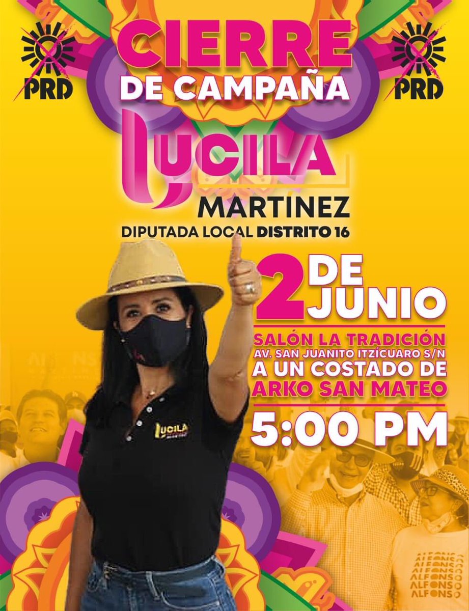 LucilaMM_21's tweet photo. Están todas y todos invitados a mi cierre de campaña. Los espero este miércoles 2 de junio a las 5:00 pm en Salón la Tradición
Av. San Juanito Itzícuaro s/n. A un costado de Arko San Mateo.
¡Acompáñenme vota #PRD!
#ElSolSiempreVuelveASalir 
#PorTodoLoQueNosUne 
#MoreliaNosUne https://t.co/eXJlPTUCAJ