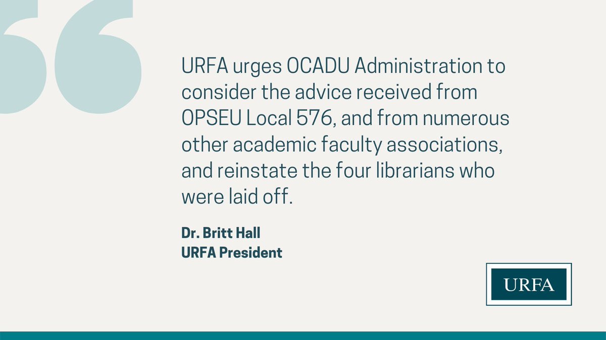 UofRFA's tweet image. URFA was dismayed to hear about the layoffs of four senior librarians at OCAD University. We've sent the following letter of support for them to @acserrano President and Vice-Chancellor of OCADU: urfa.ca/news/urfa-issu… #WeLoveOCADULibrarians #CDNpse #Solidarity