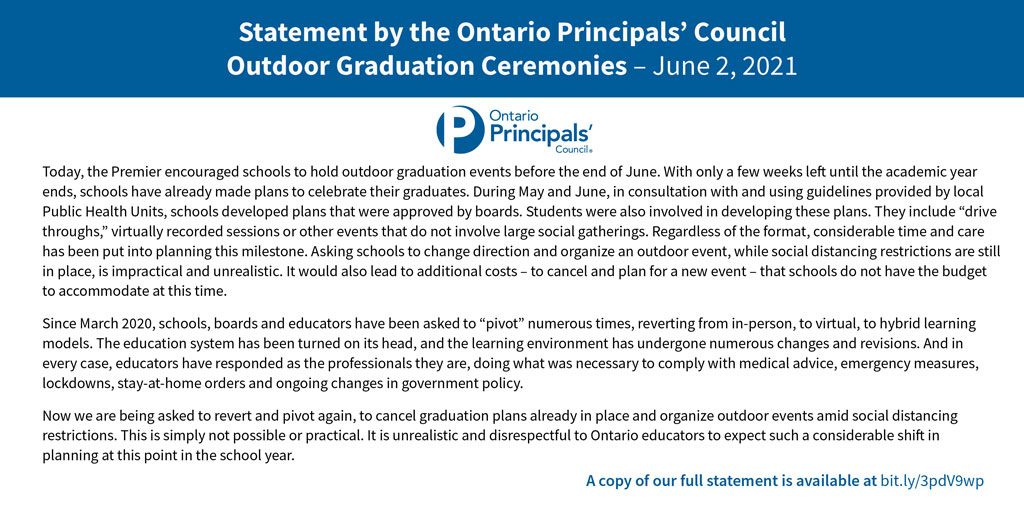Today the Premier encouraged schools to hold outdoor graduation events. This is impractical &amp; unrealistic this late in the school year. Our full statement here. bit.ly/3pdV9wp