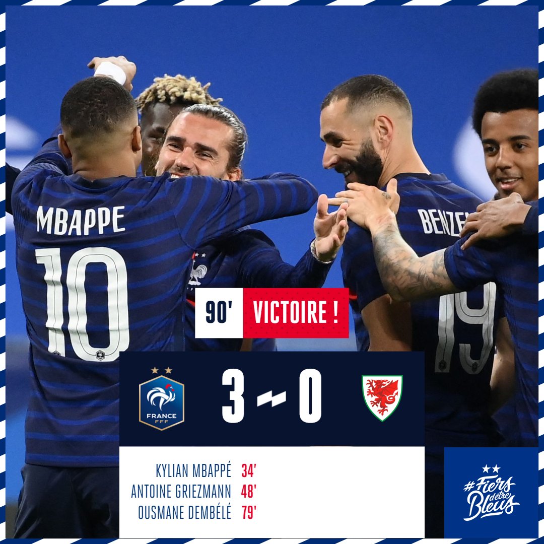 C'est terminé ! Victoire de l'Equipe de France ! (3-0) #FRAPDG #FiersdetreBleus
⚽️ <a href="/KMbappe/">Kylian Mbappé</a> 
⚽️ <a href="/AntoGriezmann/">Antoine Griezmann</a> 
⚽️ @Dembouz
