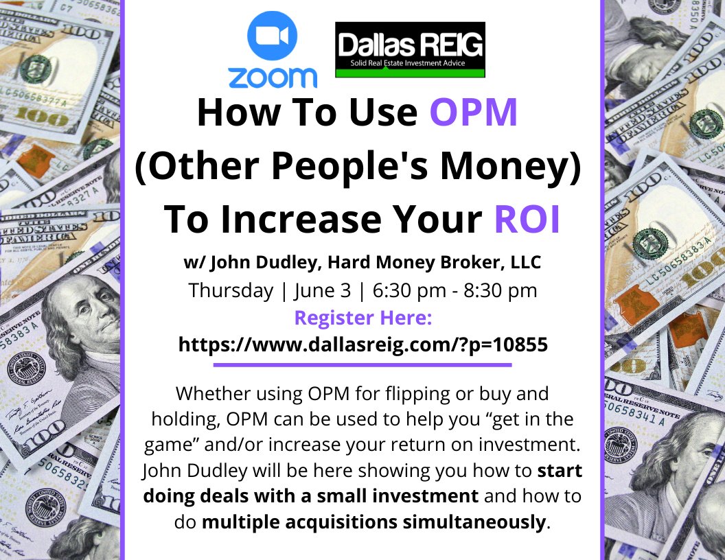 DallasREIGGroup's tweet photo. Join us Thursday, June 3rd, 2021 to learn how to start investing with a small investment or how to do multiple acquisitions simultaneously. Register Here: https://t.co/DHeWq4prea
Find out how to use OPM to increase your Return On Investment (ROI) https://t.co/n1nQcMdlxf