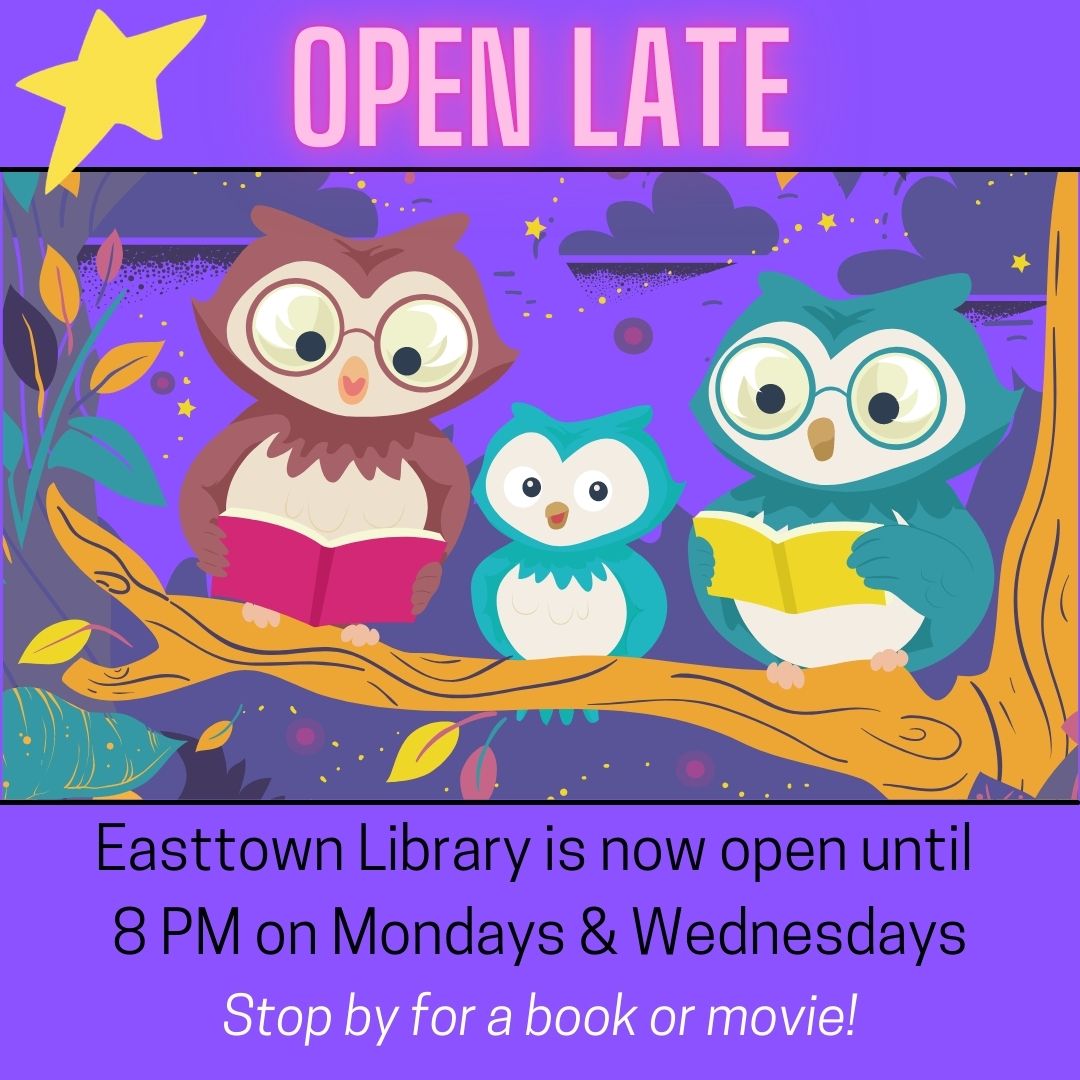 easttownlibrary's tweet photo. #EasttownLibrary is now open until 8 PM on Monday & Wednesday nights. Stop by to say "hi" and pick up a book or movie! #Berwynpa #Nightowls #Gettingbacktonormal https://t.co/00wo8v3qAe