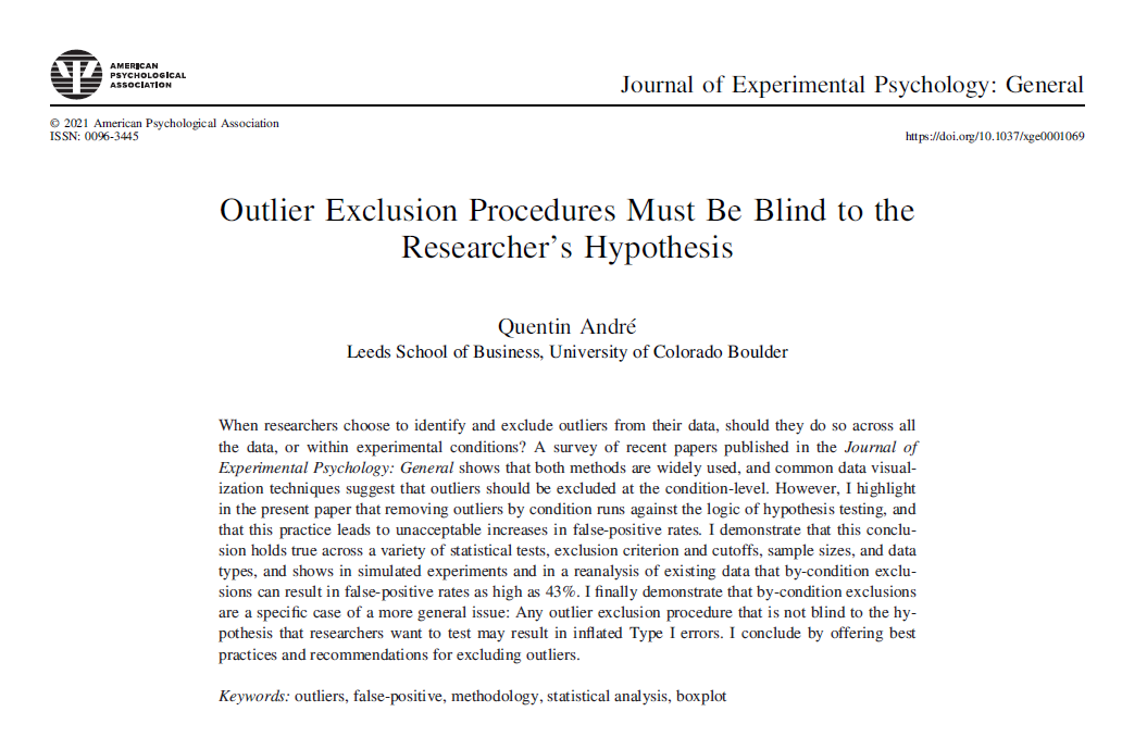 Happy and excited to see this article appear online! I hope it will help correct common misconceptions in how outliers should be removed, and ultimately lead to lower false-positive rates in the literature. doi.org/10.1037/xge000…