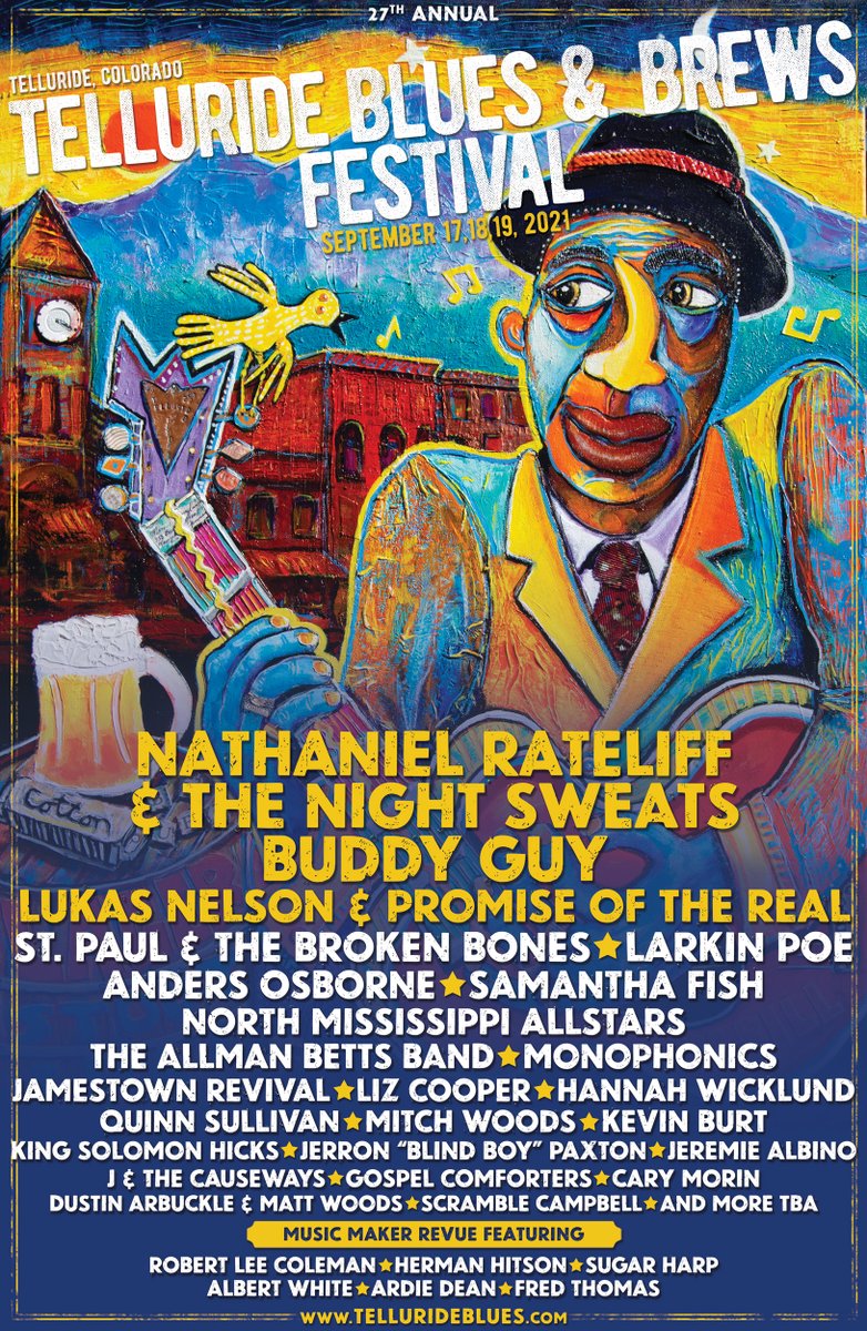 We are thrilled to introduce the 2021 artist lineup! Join us in the mountains on Sept 17 - 19 for performances from <a href="/NRateliff/">Nathaniel Rateliff</a> &amp; The Night Sweats, <a href="/TheRealBuddyGuy/">Buddy Guy</a>, <a href="/lukasnelson/">Lukas Nelson</a> &amp; Promise of the Real and more. Tickets go on sale tomorrow, 6/3 at 10am. → tellurideblues.com