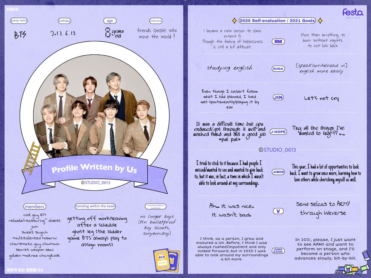 STUDIO_0613's tweet photo. 2021 @BTS_twt PROFILES - ENGLISH TRANSLATION THREAD

(1) ✍️

#2021BTSProfile https://t.co/CByEM3LtIL