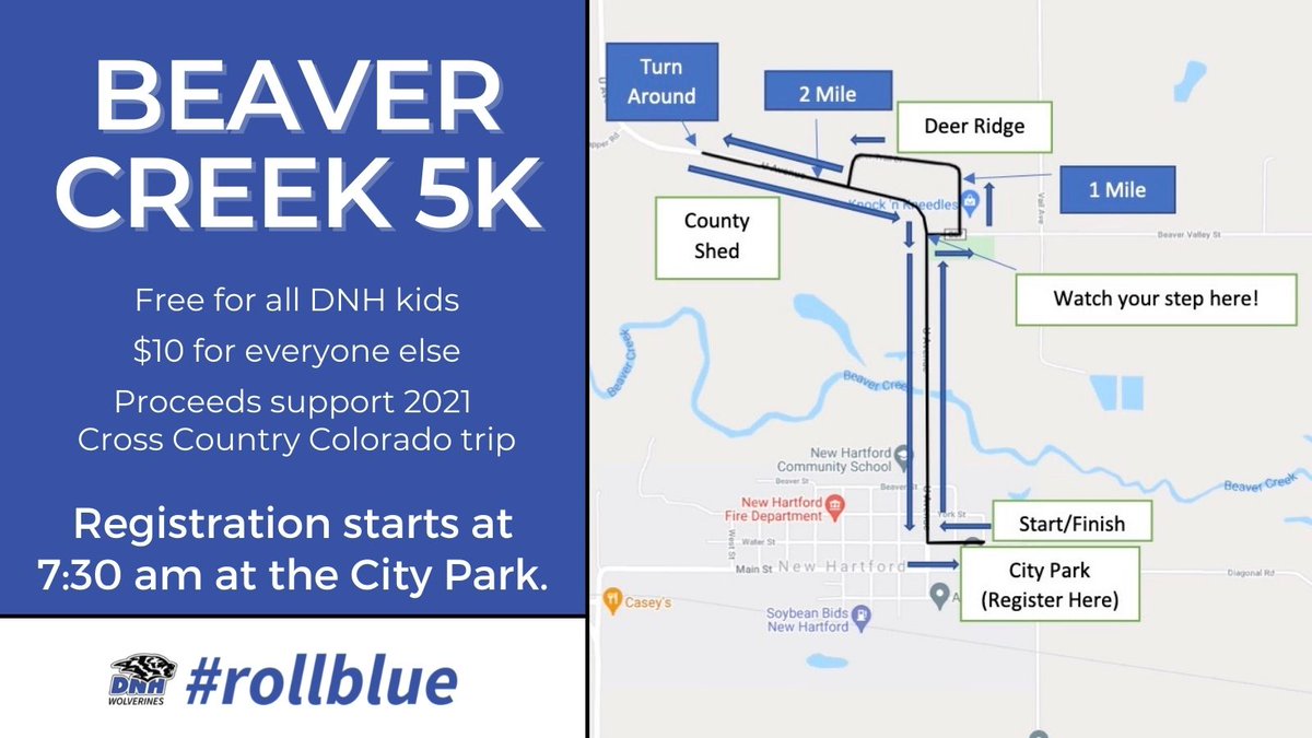 DNHSUPT's tweet photo. HAPPENING SATURDAY: Join us for the Beaver Creek 5K! It’s FREE for all DNH kids! It’s just $10 for everyone else. All proceeds go toward the 2021 DNH Cross Country Colorado trip. Starting at 8 am on Sat 6/5 at New Hartford City Park. Registration begins at 7:30 am. #rollblue https://t.co/3INKaJzipL