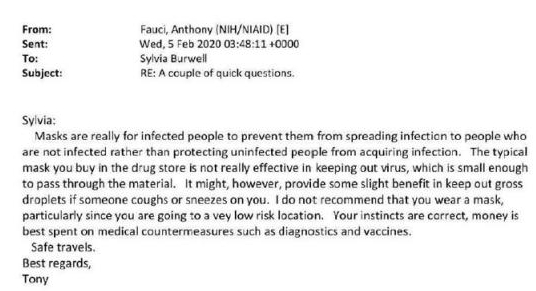 The next time someone asks you to put your mask on, give them a copy of this Fauci email.