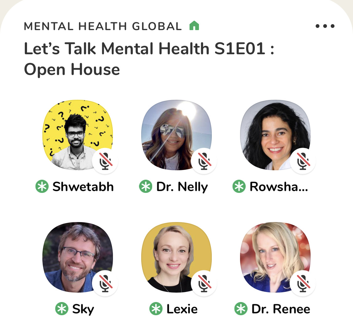 Loving being part of the inaugural Mental Health Global #mentalhealth open house with <a href="/shwetabhsverma/">Shwetabh S Verma</a>, <a href="/KristinBalter/">Kristin Balter</a>, <a href="/DrNellyMomTalk/">Dr. Nelly Psychologist</a>, <a href="/nelson_sky/">nelson sky</a> as well as others.

These discussions open the conversation, create a safe space, &amp; can serve to move the field forward.

#Clubhouse