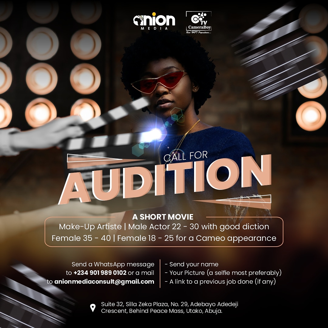 anionmedia's tweet photo. Casting Call!
Short Movie 
📍Abuja

Send a WhatsApp Message to +234 901 989 0102 or send a mail to
anionmediaconsult@gmail.com

Deadline: Saturday 4pm, 5th June 2021.
- Send your name,
- Either a link to your social media profile or a selfie
-  a link to a previous job if any. https://t.co/gxiqpdmc8S
